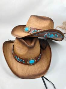 1頂男女編織草牛仔帽,新西部風格經典草製牛仔帽,寬邊遮陽帽 - 棕色 - 查看 1