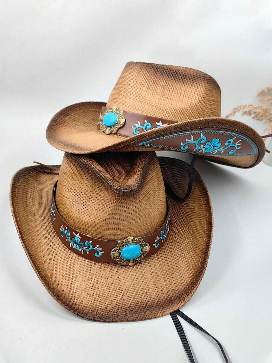 1頂男女編織草牛仔帽,新西部風格經典草製牛仔帽,寬邊遮陽帽 - 棕色 - 查看 1
