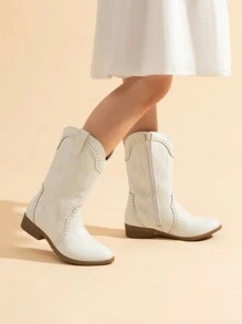 Western Cowboy Boots For Kids, Classic Mid Calf Riding Boots For Boys And Girls - trắng - Xem 3