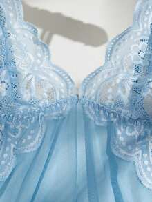2pcs Sexy Lace Slip Dress Set, Discounted Price, Seductive Spaghetti Strap Nightgown, Backless Teddy V-Neck Sleepwear, Romantic Couple Bedroom Lingerie - Baby Blue - View 9