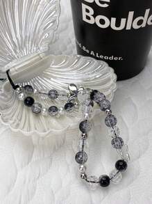 1 Miếng Phong cách ins Loại bướm & Pha lê & Đen & Ngọc trai trắng Kết cườm Thủ công DIY Dây buộc điện thoại - Đen và trắng - Xem 3