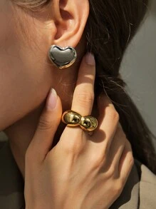 Uworld 1pc Casual Stainless Steel Thick Heart Shaped Ring, Waterproof Exaggerated Party Daily Decoration Jewelry Ring