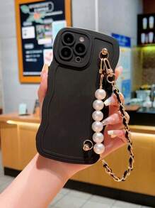 1入組輕奢珍珠紋短鏈液態矽膠防墜實色波浪手機殼，附鏡頭保護，時尚可愛美學手機殼，情人節禮物，適用於IPhone11 13 14 15 Pro Max Samsung A14手機殼 - 黑色 - 查看 3