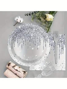 10入組鑲有水晶的沙漠風格生日餐具套裝，可同時供10位客人使用 - 非常適合家庭聚會、單身派對、舞會、野餐、節日、生日派對、婚禮餐具，帶給您高貴、奢華的視覺盛宴。