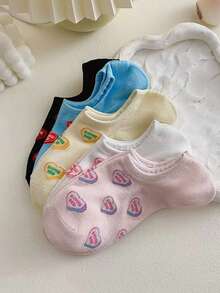 5 Pairs Random Delivery Spring/Summer New Heart & Letter Print Boat Socks, Breathable Invisible Socks, Cute Korean Style Low-Cut Short Socks For Women - Multicolor - View 2
