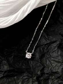 ELSEDES 1pc Classic Style S925 Silver Pendant With Shiny Gemstone, Simple & Elegant Necklace For Women's Everyday Outfit Or Office Wear - Silver - View 4