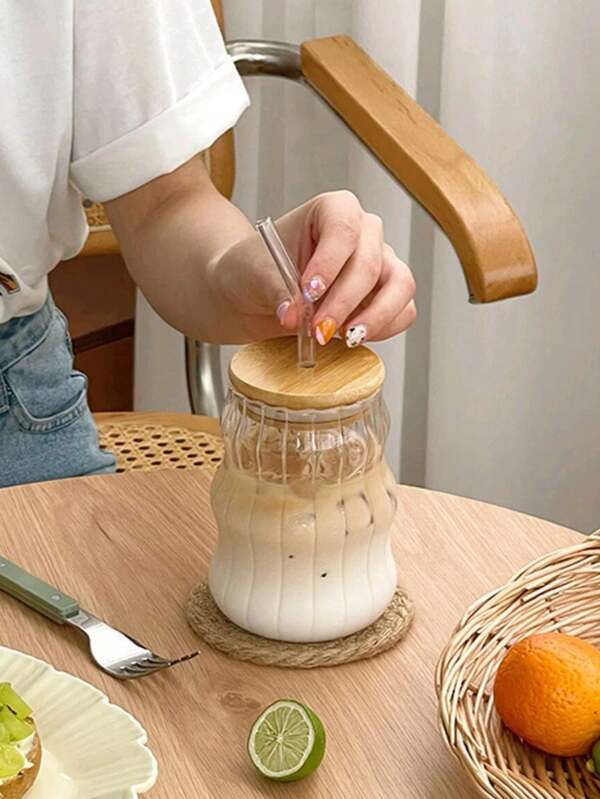 1 Clear Glass With Lid And Straw, 500ml Coffee Cup School Supplies Back To School
