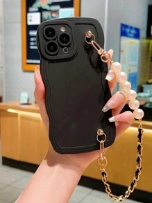 1入組輕奢珍珠紋短鏈液態矽膠防墜實色波浪手機殼，附鏡頭保護，時尚可愛美學手機殼，情人節禮物，適用於IPhone11 13 14 15 Pro Max Samsung A14手機殼 - 黑色 - 查看 4