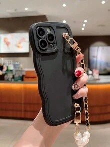 1入組輕奢珍珠紋短鏈液態矽膠防墜實色波浪手機殼，附鏡頭保護，時尚可愛美學手機殼，情人節禮物，適用於IPhone11 13 14 15 Pro Max Samsung A14手機殼 - 黑色 - 查看 6