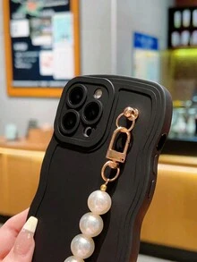 1入組輕奢珍珠紋短鏈液態矽膠防墜實色波浪手機殼，附鏡頭保護，時尚可愛美學手機殼，情人節禮物，適用於IPhone11 13 14 15 Pro Max Samsung A14手機殼 - 黑色 - 查看 8