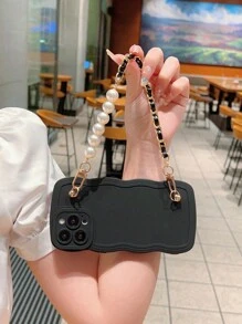 1入組輕奢珍珠紋短鏈液態矽膠防墜實色波浪手機殼，附鏡頭保護，時尚可愛美學手機殼，情人節禮物，適用於IPhone11 13 14 15 Pro Max Samsung A14手機殼 - 黑色 - 查看 1