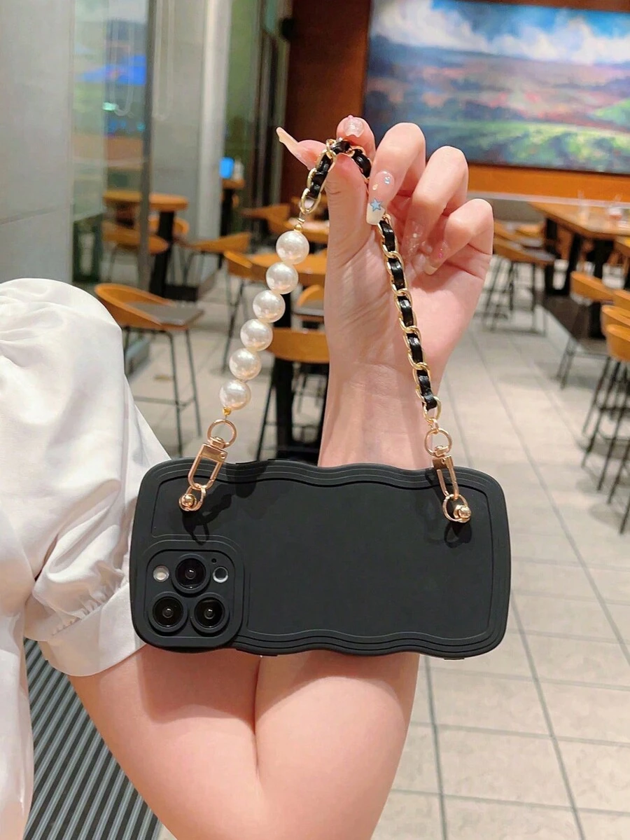 1入組輕奢珍珠紋短鏈液態矽膠防墜實色波浪手機殼，附鏡頭保護，時尚可愛美學手機殼，情人節禮物，適用於IPhone11 13 14 15 Pro Max Samsung A14手機殼 - 黑色 - 查看 1