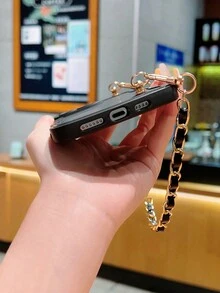 1入組輕奢珍珠紋短鏈液態矽膠防墜實色波浪手機殼，附鏡頭保護，時尚可愛美學手機殼，情人節禮物，適用於IPhone11 13 14 15 Pro Max Samsung A14手機殼 - 黑色 - 查看 7