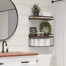 Repisas flotantes minimalistas, estantes de madera de pared, juego de 2 estante de almacenamiento para baño, cocina, oficina, dormitorio - Café integral - Ver 3