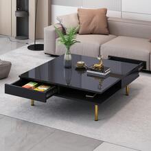 Exquisite High Gloss Coffee Table With 4 Golden Legs And 2 Small Drawers, 2-Tier Square Center Table For Living Room, White, Black - màu đen - Xem 2