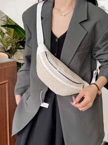 1個純色草編女式胸包 - 米色 - 查看 1