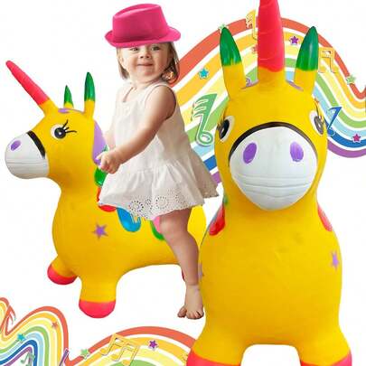 GRUPO CARNAVALLIA Montable Caballito Unicornio Amarillo Inflable Brinca Luz Sonido