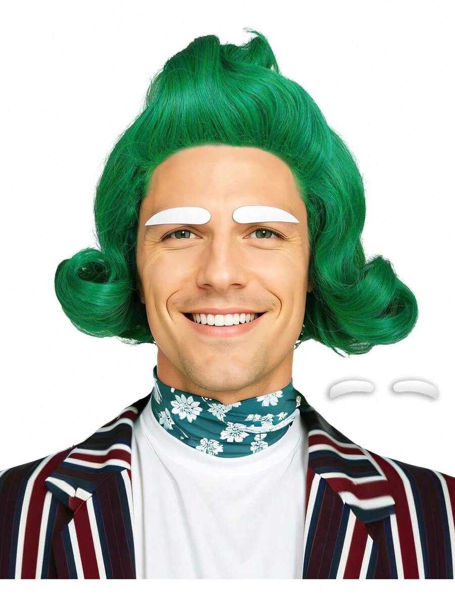 Green Styled 12 Inch Synthetic Fibre Cosplay Wig And Fake Eyebrows For Halloween For Man Oompa Loompa Costume Halloween Wig - Green - View 1