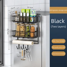 Refrigerator Storage Shelf Kitchen Multi-Functional Seasoning Rack With Hanging Hooks And Storage For Plastic Wrap And Paper Towels Without Drilling - Black - View 5