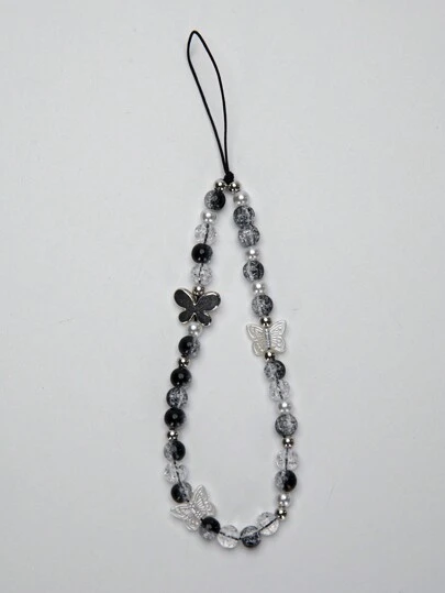 1pc Ins Style Butterfly & Crystal & Black & White Pearl Beaded Handmade Diy Phone Lanyard