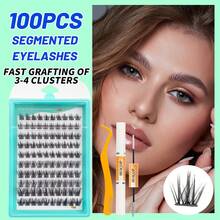 100入組簇狀睫毛單獨睫毛簇睫毛擴展DIY Wispy Fluffy Lash Extension套件，附有 applicator 和 lash bond and seal，假睫毛自然外觀混合 10-16mm C 型植毛 纖長美睫套裝，個人家用假睫毛擴展自由膠+鑷子套裝 - 黑色 - 查看 1