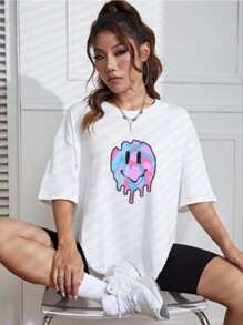 Camiseta Feminina emoj neon Ombro Caído Streetwear T-shirt Camisa Blogueira PLUS SIZE - Branco - Visão 1