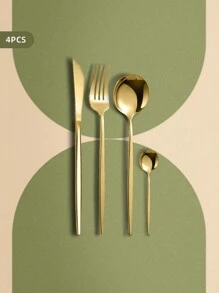 2 piezas/4 piezas Juego de cubiertos de acero inoxidable, Juego de tenedor y cuchara, Apto para uso doméstico, restaurante, hotel - Dorado - Ver 4