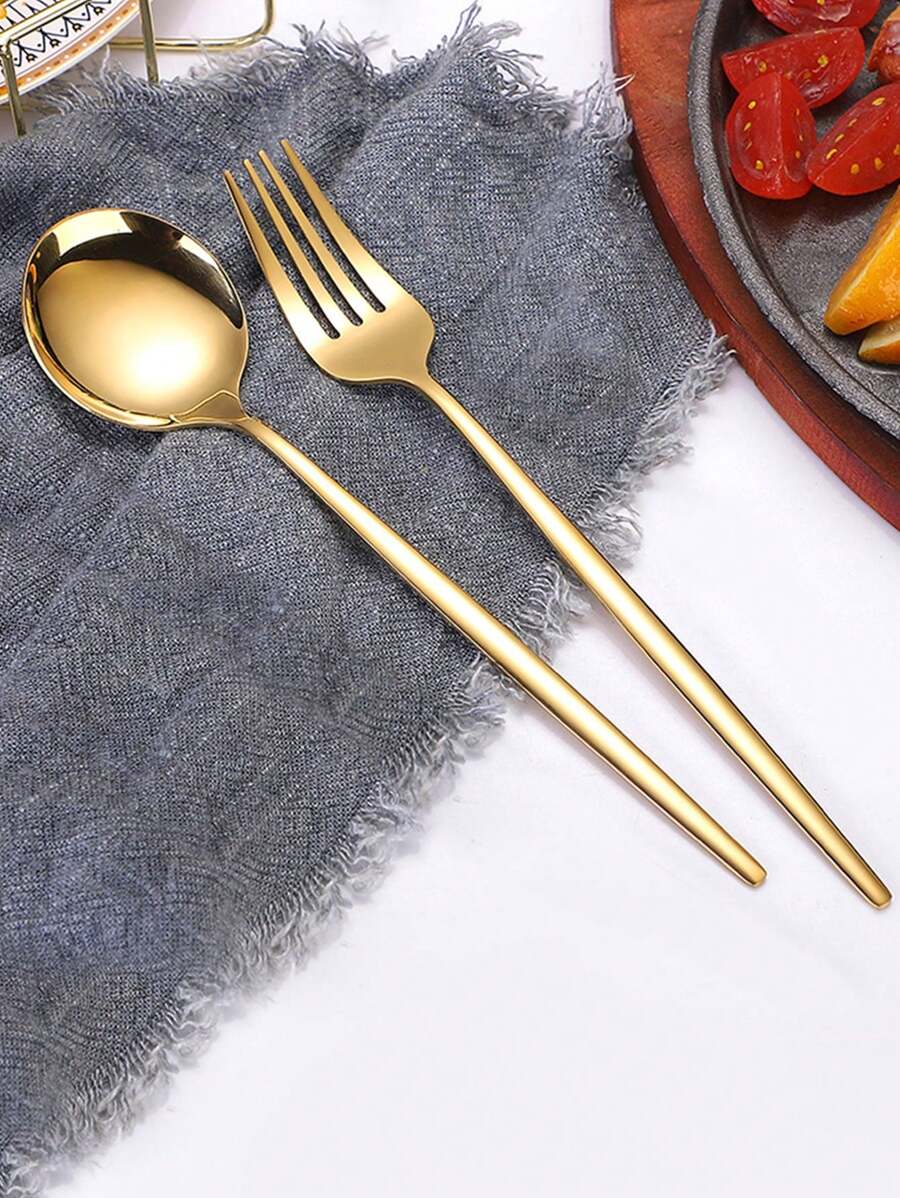 2 piezas/4 piezas Juego de cubiertos de acero inoxidable, Juego de tenedor y cuchara, Apto para uso doméstico, restaurante, hotel - Dorado - Ver 1