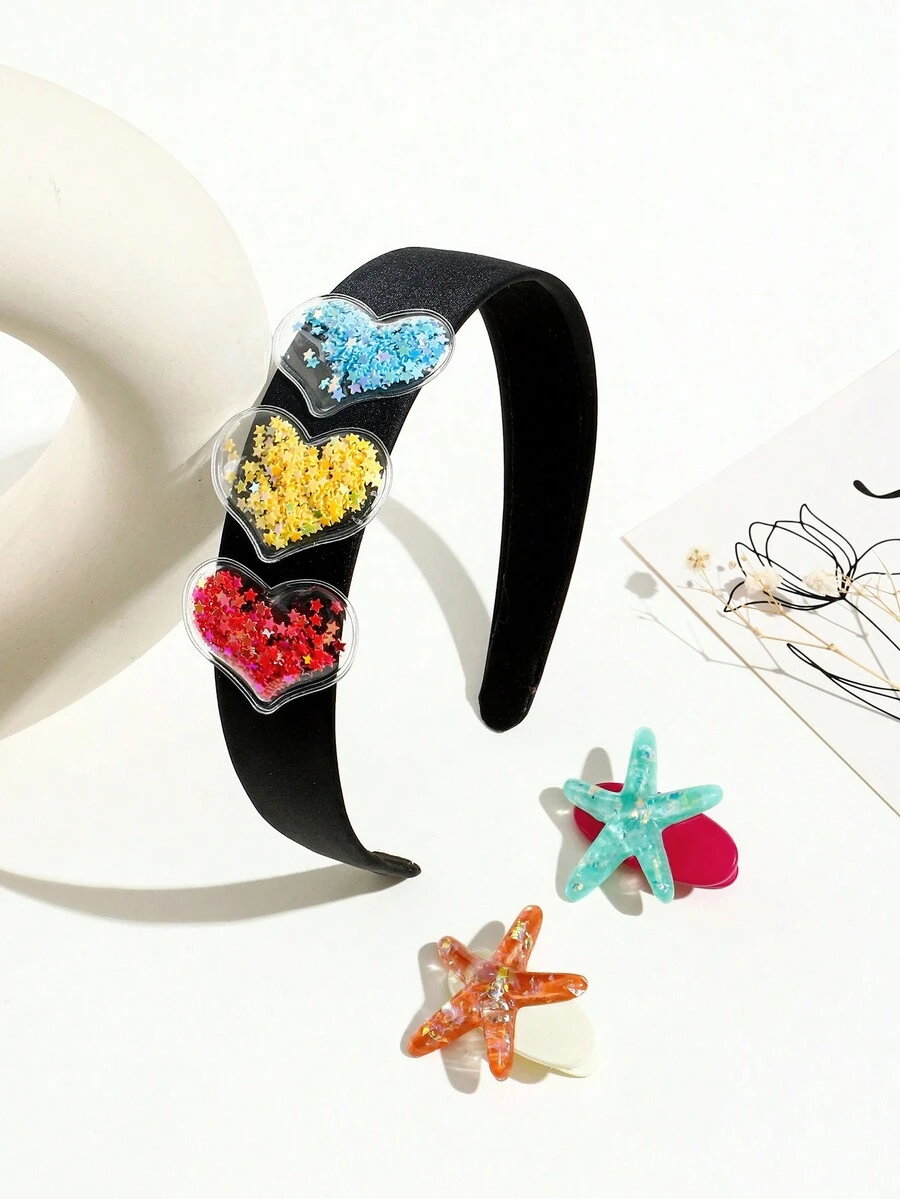 1套3入夏季海灘風格樹脂彩色海星和心形頭飾（頭帶和髮夾），母親節禮物 - 彩色 - 查看 1