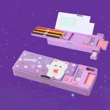 Multifunctional Pencil Case With Cartoon Design, Double Sided Sticky Notes, Calculator And Stationery, Student Creative Pencil Cases - Purple - View 1