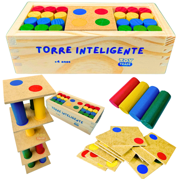 Toy Trade Torre Inteligente em Madeira com Estojo e Pinos Coloridos Toy Trade Brinquedo Educativo Pedagogico Montar a Torre