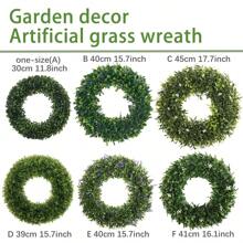 1pc Artificial Flower Wreath, 6 Options: Milan Grass, Boxwood, Seed Head Grass With Wildflowers, Yellow Boxwood, Lavender, Boxwood With Wildflowers. Green Decoration For Spring And Summer. Customizable By Factory. Suitable For Dorm Room, Office, Back To School Season, Outdoor Parties, Festivals, Birthday Parties, Christmas, Halloween, And Thanksgiving Decorations For Home, Hotel, Restaurant, Living Room, Bedroom, Wedding, Banquet Hall, Kitchen And Garden. - Green - View 3
