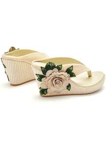 9厘米刺绣厚底坡跟凉鞋，厚底坡跟拖鞋，夏季时尚波西米亚风沙滩凉鞋，沙滩拖鞋，高跟拖鞋，甜美公主凉鞋，多种尺码可选 - 杏色 - 查看 8