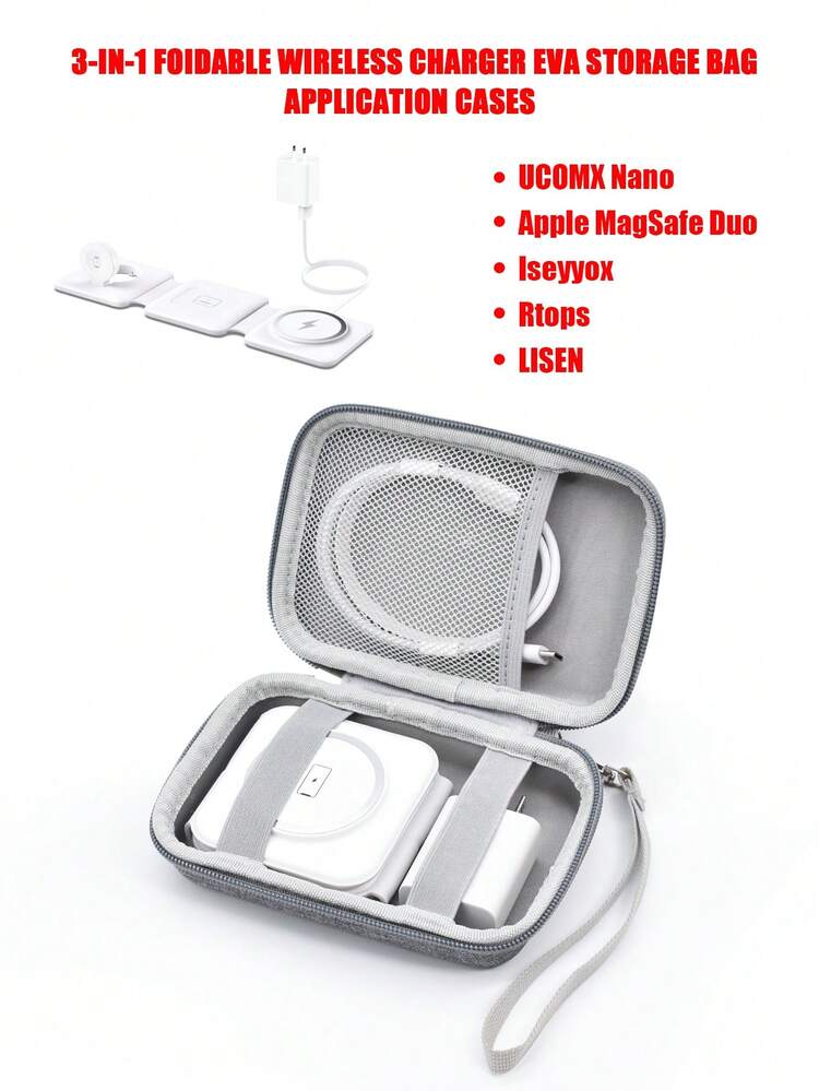 Boîte De Rangement De Chargeur Sans Fil Pliable 3 En 1 Avec Coque Dure Eva, Organisateur De Chargeur Portable, Sac De Rangement De Produit Électronique Numérique Avec Étui De Protection Contre Les Intempéries, La Pression Et La Fumée, Design De Poche À Mailles Denses Avec Fermeture À Glissière Portative Convient Pour Ucomx, Nano/apple Magsafe Duo/iseyyox/rtops/lisen - Gris - Voir 2