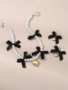 3pcs/Set Girls' Pearl Beaded Heart & Bow Necklace And Earrings Set - Black - View 1