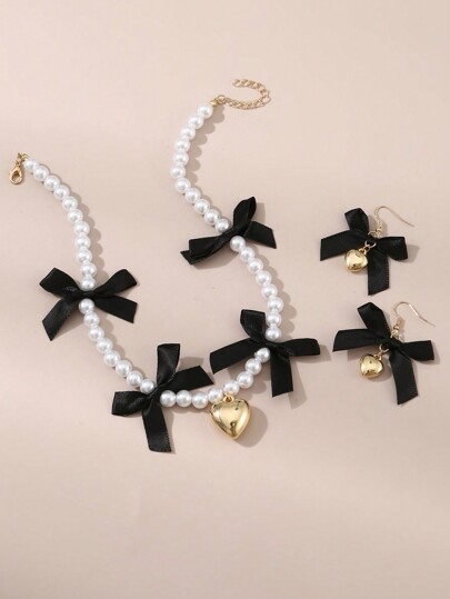 3pcs/Set Girls' Pearl Beaded Heart & Bow Necklace And Earrings Set