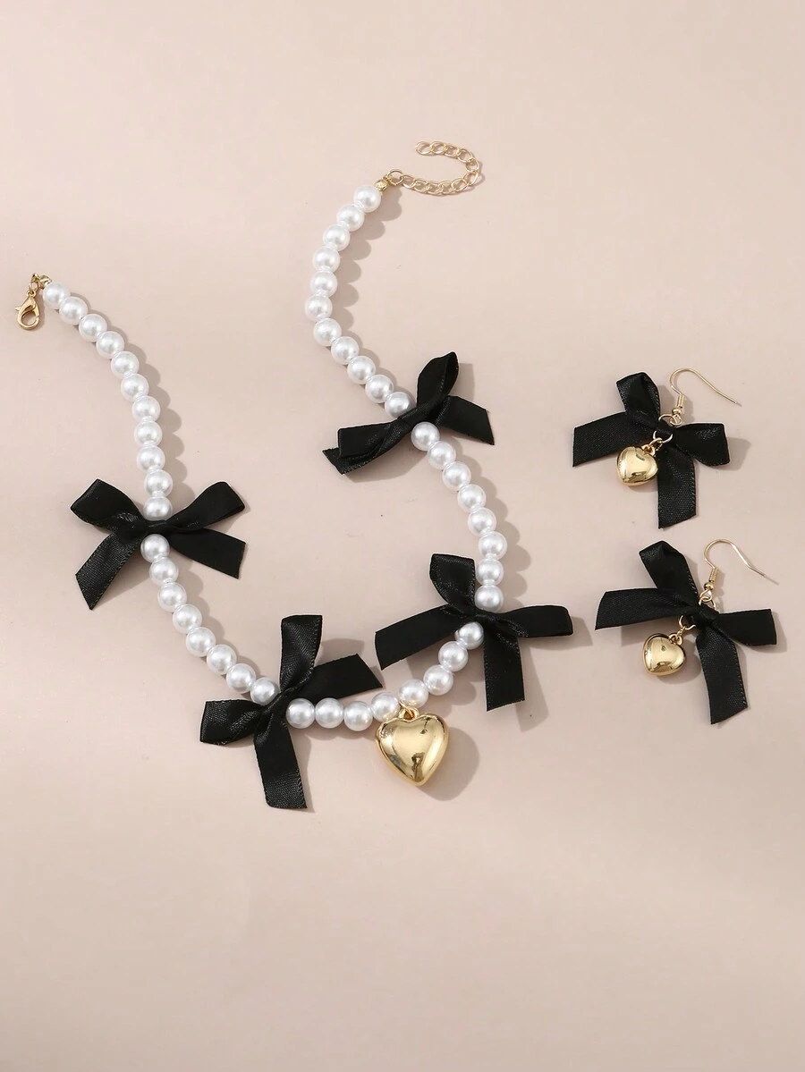3pcs/Set Girls' Pearl Beaded Heart & Bow Necklace And Earrings Set - Black - View 1