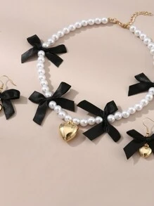 3pcs/Set Girls' Pearl Beaded Heart & Bow Necklace And Earrings Set - Black - View 3