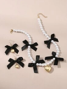 3pcs/Set Girls' Pearl Beaded Heart & Bow Necklace And Earrings Set - Black - View 5