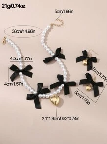 3pcs/Set Girls' Pearl Beaded Heart & Bow Necklace And Earrings Set - Black - View 4