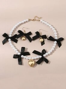 3pcs/Set Girls' Pearl Beaded Heart & Bow Necklace And Earrings Set - Black - View 6