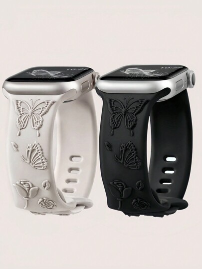 حزامين مزخرف بالزهور متوافق مع ساعة أبل 49مم 45مم 44مم 42مم 41مم 40مم 38مم، أساور سيليكون رياضية مقاومة للماء بنقش الزهور والفراشات، أحزمة بديلة متوافقة مع ساعات آي ووتش السلسلة 11 10 9 8 7 6 5 4 3 2 1 SE Ultra للنساء