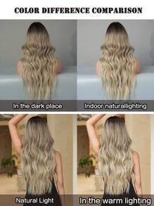 7JHH WIGS 灰金色假发长卷发假发带窗帘刘海深色发根耐热合成发色渐变波浪假发适合女士日常派对使用 28 英寸 - 漸層 - 查看 9