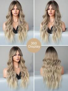 7JHH WIGS 灰金色假发长卷发假发带窗帘刘海深色发根耐热合成发色渐变波浪假发适合女士日常派对使用 28 英寸 - 漸層 - 查看 7