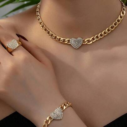 Bộ 3 chiếc/Bộ dây chuyền mặt trái tim đính đá thời trang & thanh lịch, vòng tay, bộ nhẫn, phù hợp cho phụ nữ, hàng ngày, tiệc tùng, trang phục ngày lễ, quà tặng