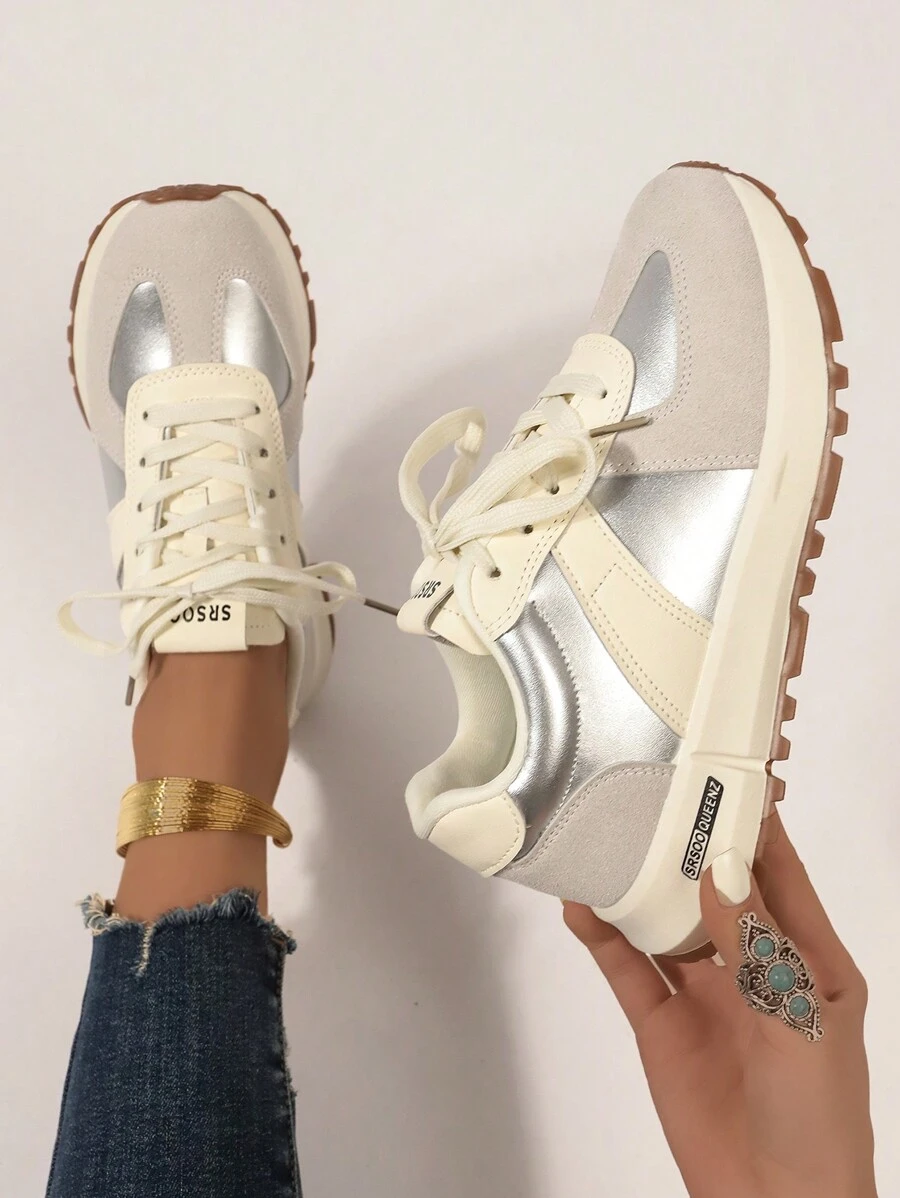 Vintage Oatmeal Color German Trainer Shoes For Women, Casual And Super Soft Athletic Shoes For Running And Daily Wear - Silver - View 1