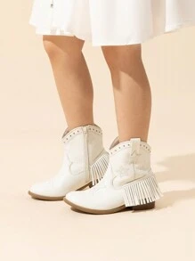 Girls Western Boots | Ankle Cowboy Boots With Tassel And Side Zipper For Little & Big Kid - trắng - Xem 4