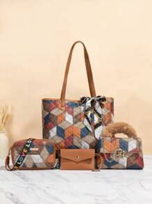 4 件套格子手提包套装，书包套装，便携，经典休闲，商务休闲，适合青少年女孩、女大学生、白领、大学，非常适合办公室、小学，适合学校、大学和旅行的理想书包套装