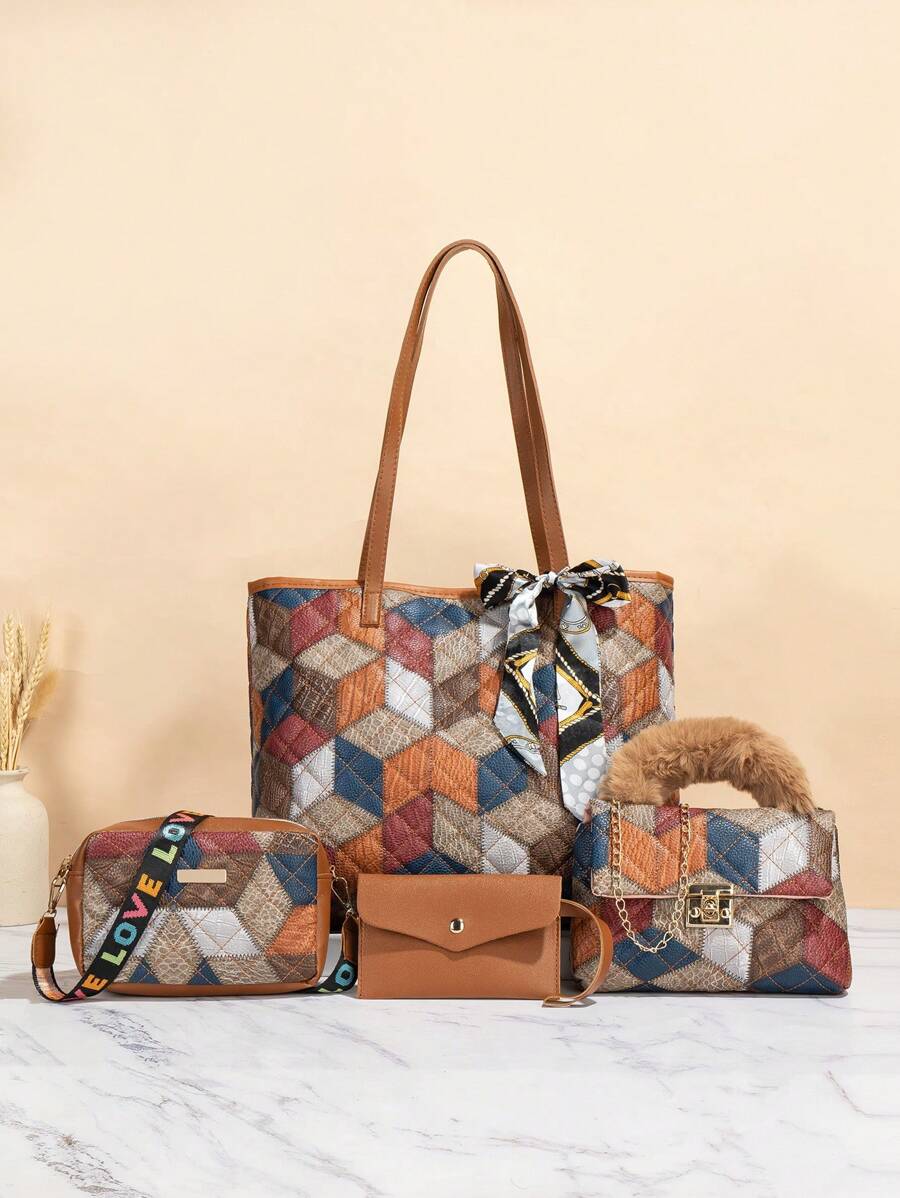 4 件套格子手提包套装，书包套装，便携，经典休闲，商务休闲，适合青少年女孩、女大学生、白领、大学，非常适合办公室、小学，适合学校、大学和旅行的理想书包套装