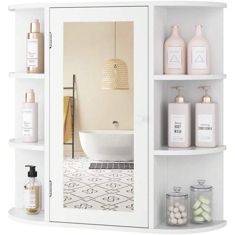 YONGSTYLE Bathroom Medicine Cabinet With Single Mirror Door, Wall Mounted Medicine Cabinet With 2 Inner Adjustable Shelves And 6 Open Fixed Shelves, Storage Medicine Cabinet For Bathroom, White - 彩色 - 查看 1
